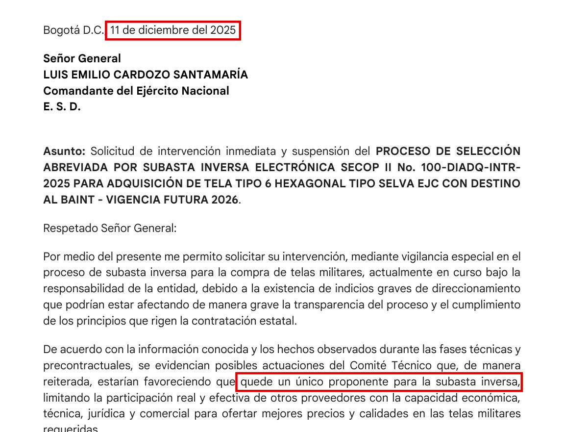 Se avisó al Comandante del Ejército el 11 de diciembre de 2025. No consta respuesta.